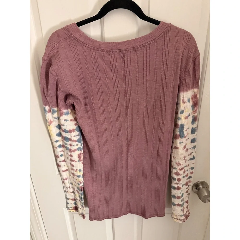We The Free Free People Big Sur Mauve Ribbed Tie Dye Sleeve Scoop Neck Top XL